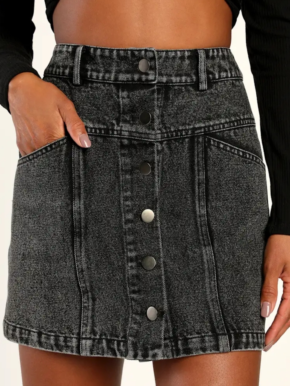 LULUS | Real Babe Black High Waisted Button-Up Denim Mini Skirt